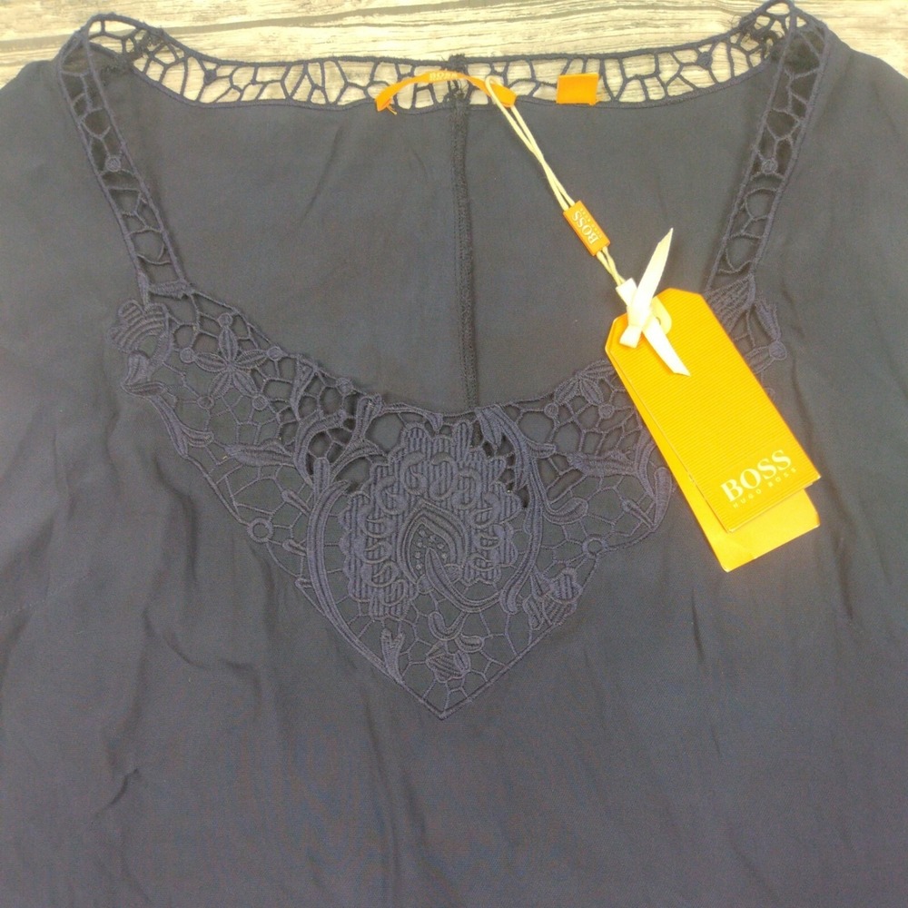 Hugo Boss Orange Navy Blue Crochet Lace Trim Sleeveless Top NWT - Picture 3 of 9